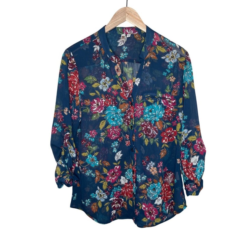 Kut From The Kloth Floral Sheer Navy Button-Up Chiffon Blouse Medium